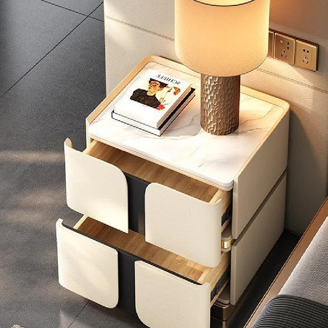 Sintered Stone Rotatable 4-Drawer Nightstand, Luxury Bedroom Storage Cabinet